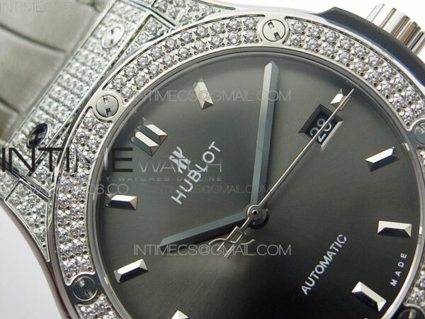 Classic Fusion 42mm SS Paved Diamonds Case/Bezel B50F Gray Dial On Gray Gummy Strap A2892 - Image 8