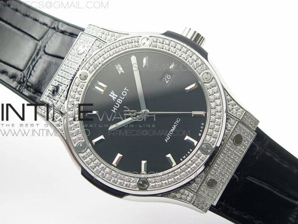 Classic Fusion 42mm SS Paved Diamonds Case/Bezel B50F Black Dial On Black Gummy Strap A2892 - Image 2