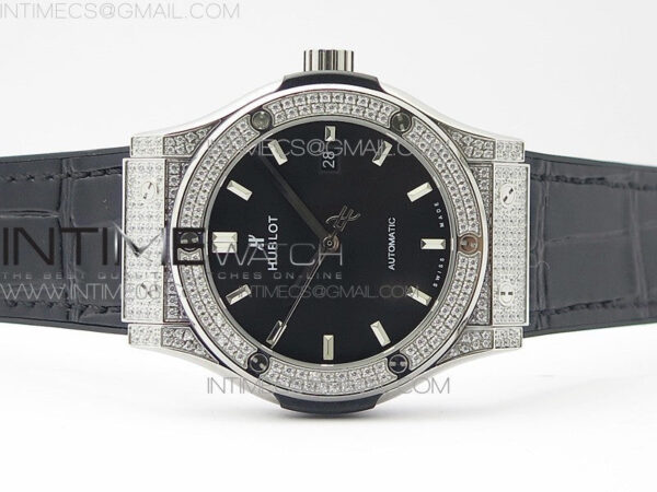 Classic Fusion 42mm SS Paved Diamonds Case/Bezel B50F Black Dial On Black Gummy Strap A2892 - Image 3