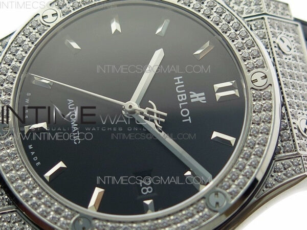 Classic Fusion 42mm SS Paved Diamonds Case/Bezel B50F Black Dial On Black Gummy Strap A2892 - Image 4
