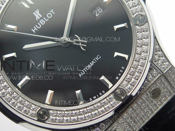 Classic Fusion 42mm SS Paved Diamonds Case/Bezel B50F Black Dial On Black Gummy Strap A2892 - Image 5