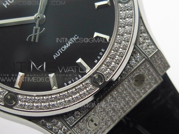 Classic Fusion 42mm SS Paved Diamonds Case/Bezel B50F Black Dial On Black Gummy Strap A2892 - Image 6