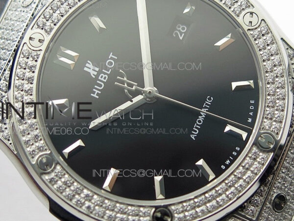 Classic Fusion 42mm SS Paved Diamonds Case/Bezel B50F Black Dial On Black Gummy Strap A2892 - Image 7