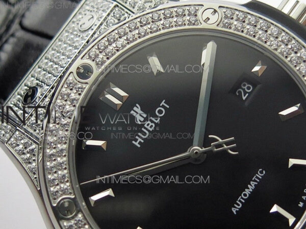 Classic Fusion 42mm SS Paved Diamonds Case/Bezel B50F Black Dial On Black Gummy Strap A2892 - Image 8