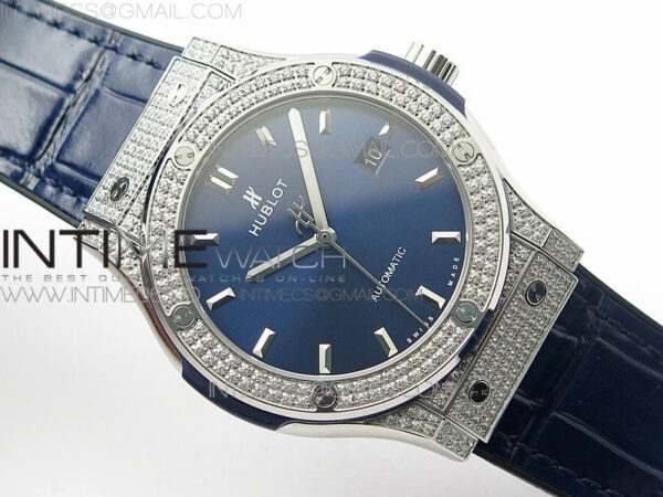 Classic Fusion 42mm SS Paved Diamonds Case/Bezel B50F Blue Dial On Blue Gummy Strap A2892 - Image 2