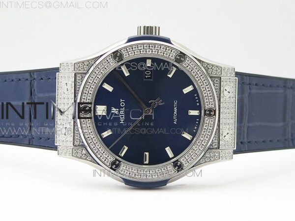 Classic Fusion 42mm SS Paved Diamonds Case/Bezel B50F Blue Dial On Blue Gummy Strap A2892 - Image 3