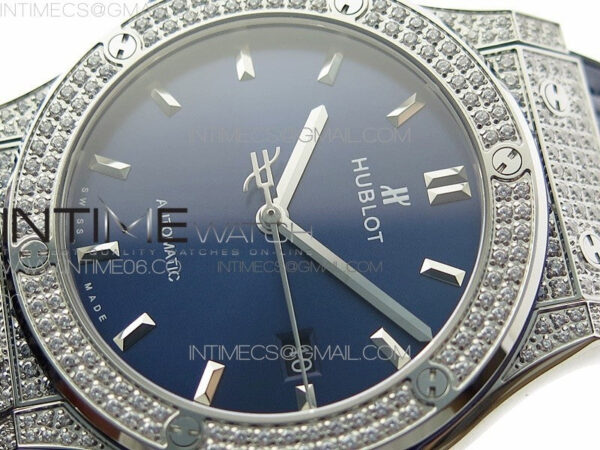 Classic Fusion 42mm SS Paved Diamonds Case/Bezel B50F Blue Dial On Blue Gummy Strap A2892 - Image 4