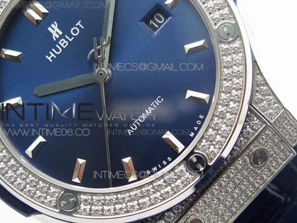 Classic Fusion 42mm SS Paved Diamonds Case/Bezel B50F Blue Dial On Blue Gummy Strap A2892 - Image 5