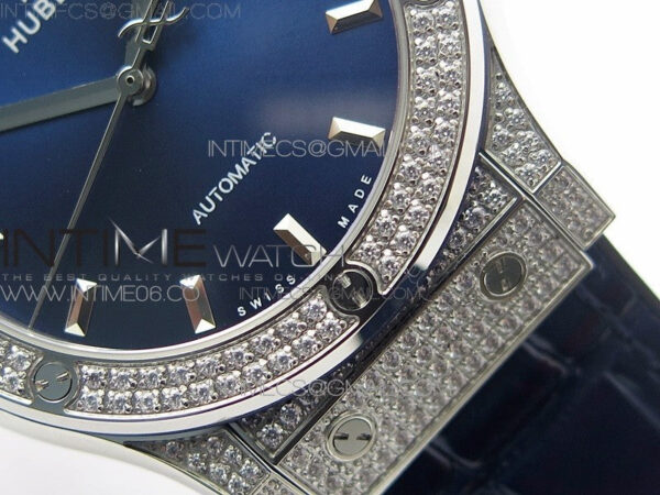 Classic Fusion 42mm SS Paved Diamonds Case/Bezel B50F Blue Dial On Blue Gummy Strap A2892 - Image 6