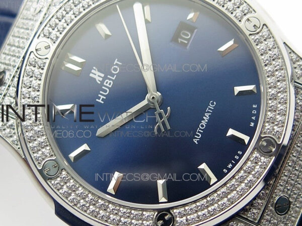Classic Fusion 42mm SS Paved Diamonds Case/Bezel B50F Blue Dial On Blue Gummy Strap A2892 - Image 7