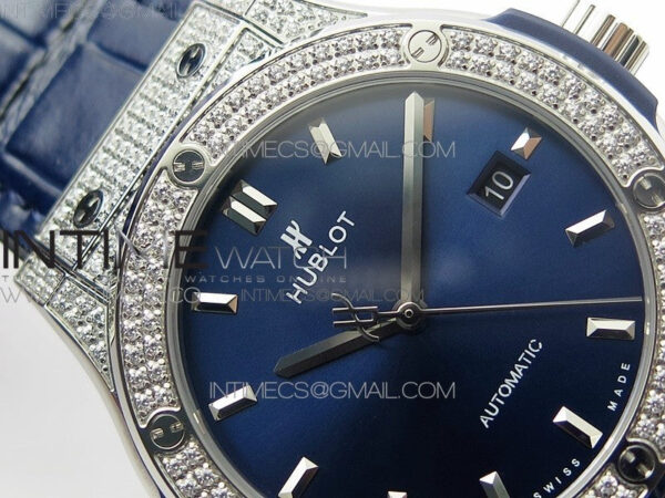 Classic Fusion 42mm SS Paved Diamonds Case/Bezel B50F Blue Dial On Blue Gummy Strap A2892 - Image 8