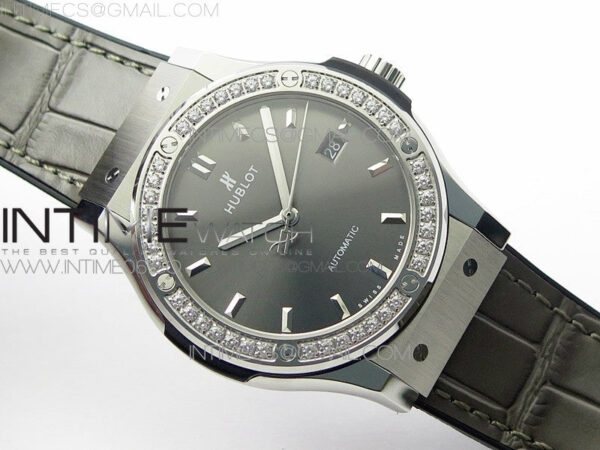 Classic Fusion 42mm SS Paved Diamonds Bezel B50F Gray Dial On Gray Gummy Strap A2892 - Image 2