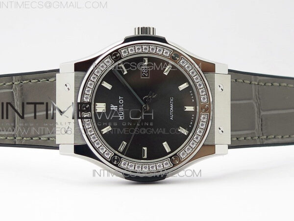 Classic Fusion 42mm SS Paved Diamonds Bezel B50F Gray Dial On Gray Gummy Strap A2892 - Image 3