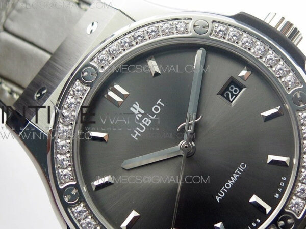 Classic Fusion 42mm SS Paved Diamonds Bezel B50F Gray Dial On Gray Gummy Strap A2892 - Image 8