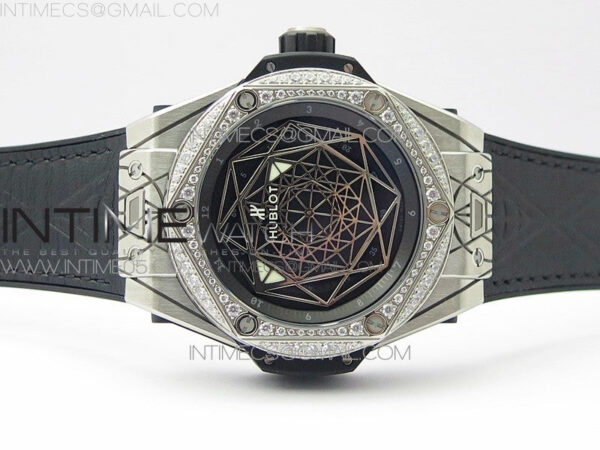 Big Bang Sang Bleu Ti Crystal Bezel WWF 1:1 Best Edition Black Skeletonal Dial On Black Gummy Strap Asian HB1213 V2 - Image 3