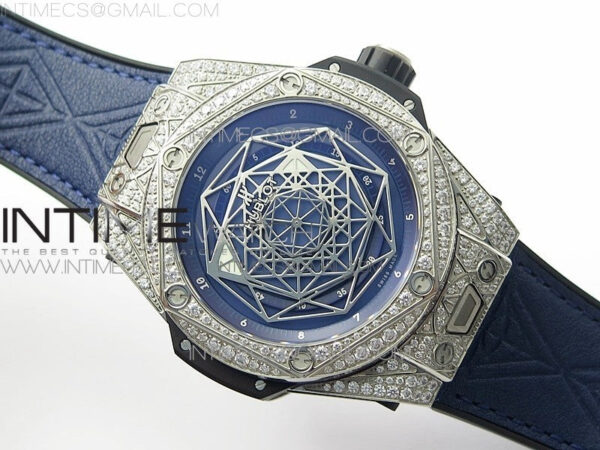 Big Bang Sang Bleu Ti Crystal Bezel And Case WWF 1:1 Best Edition Blue Skeletonal Dial On Blue Gummy Strap Asian HB1213 V2 - Image 2