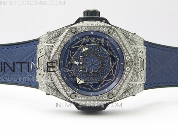 Big Bang Sang Bleu Ti Crystal Bezel And Case WWF 1:1 Best Edition Blue Skeletonal Dial On Blue Gummy Strap Asian HB1213 V2 - Image 3