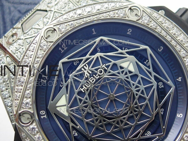 Big Bang Sang Bleu Ti Crystal Bezel And Case WWF 1:1 Best Edition Blue Skeletonal Dial On Blue Gummy Strap Asian HB1213 V2 - Image 7