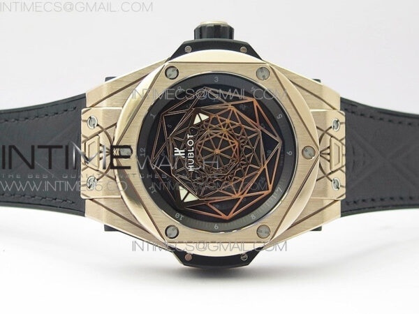 Big Bang Sang Bleu RG Ti WWF 1:1 Best Edition Black Skeletonal Dial On Black Gummy Strap Asian HB1213 V2 - Image 3