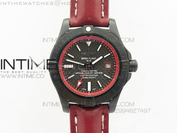 Avenger GMT DLC Black Stick Marker Textured Dial Red Inner Bezel on Leather strap A2836