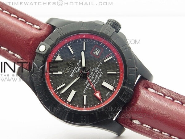 Avenger GMT DLC Black Stick Marker Textured Dial Red Inner Bezel on Leather strap A2836 - Image 2
