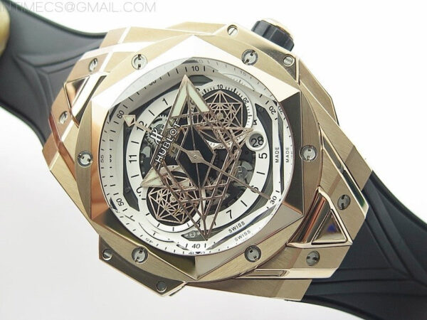 Big Bang Sang Bleu chrono RG B50 White Skeletonal Dial On Black Gummy Strap Asian 7750 - Image 2