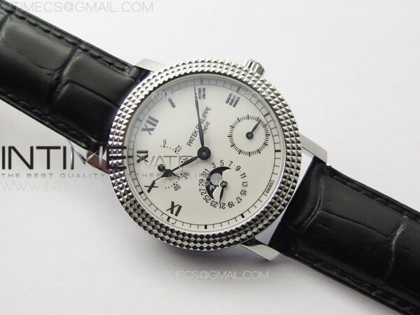 Calatrava 5057 Cortina Watch 50th Anniversary SS YSF 1:1 Best Edition White Dial on Black Leather Strap A240 - Image 2