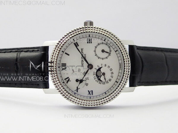 Calatrava 5057 Cortina Watch 50th Anniversary SS YSF 1:1 Best Edition White Dial on Black Leather Strap A240 - Image 3