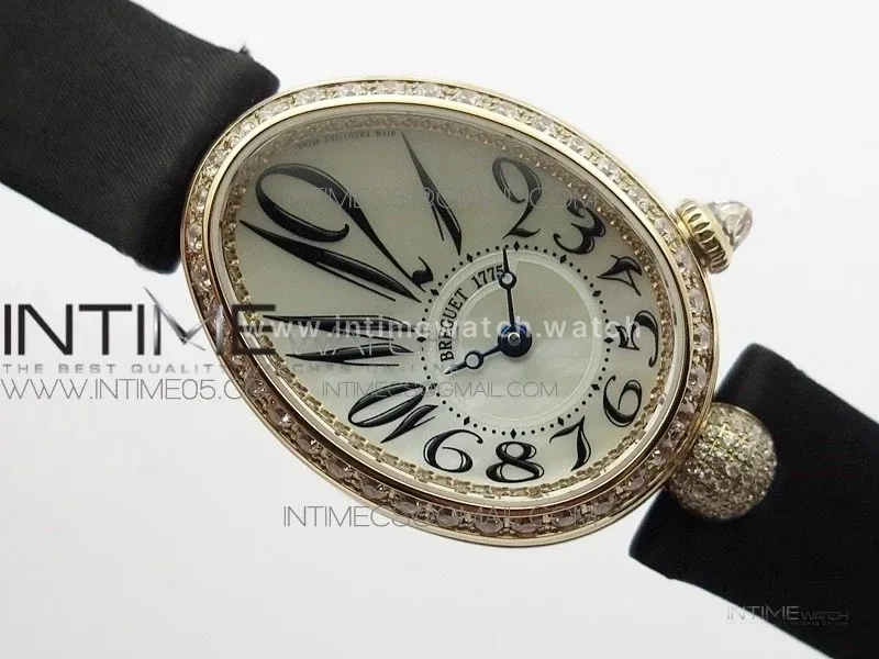Reine de Naples 8928BB 33mm RG ZF 1:1 Best Edition White MOP Dial Numeral Markers Diamonds Bezel on Black Fabric Strap A537