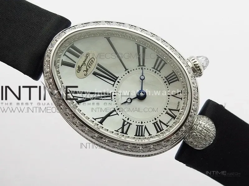 Reine de Naples 8928BB 33mm SS ZF 1:1 Best Edition White MOP Dial Roman Markers Diamonds Bezel on Black Fabric Strap A537
