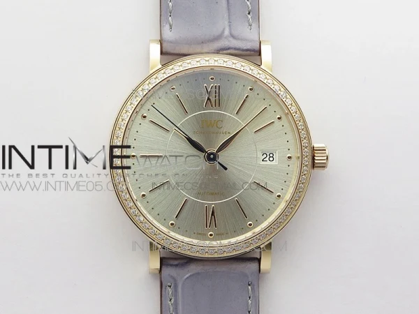 Portofino 37mm RG Diamonds Bezel A7F 1:1 Best Edition Silver Dial on Gray Leather Strap A2892