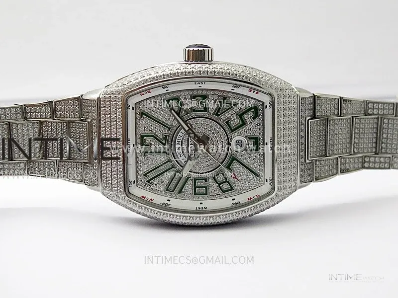 Vanguard V45 Full Diamonds ABF Best Edition Full Paved Diamonds Dial Green Markers On Full Paved Diamonds Bracelet A2824