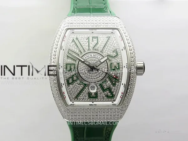 Vanguard V45 Full Diamonds ABF Best Edition Full Paved Diamonds Dial On Green Gummy Strap A2824