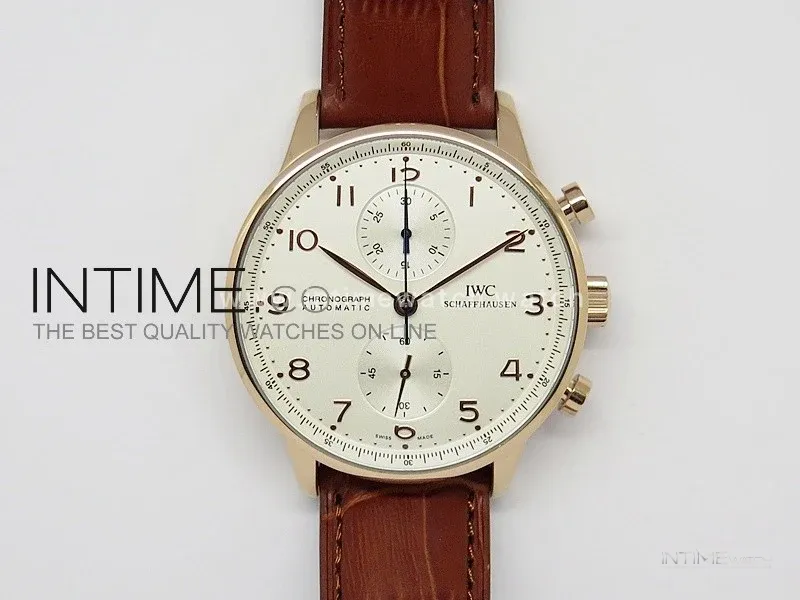 Portuguese 40mm Chrono RG White Dial on Leather Strap A7750