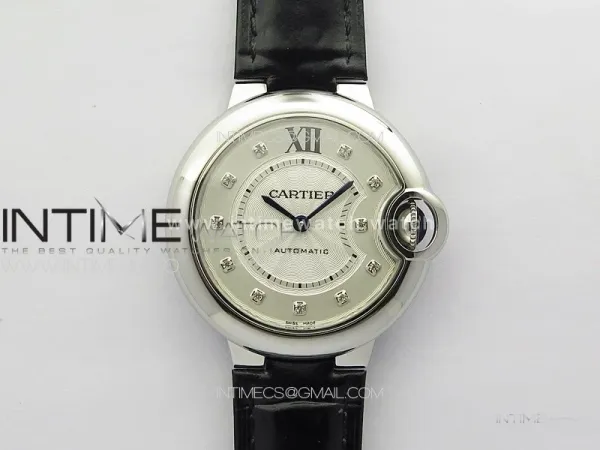Ballon Bleu 33mm SS 3KF 1:1 Best Edition White Textured Dia Markers Dial on Black Leather Strap A076