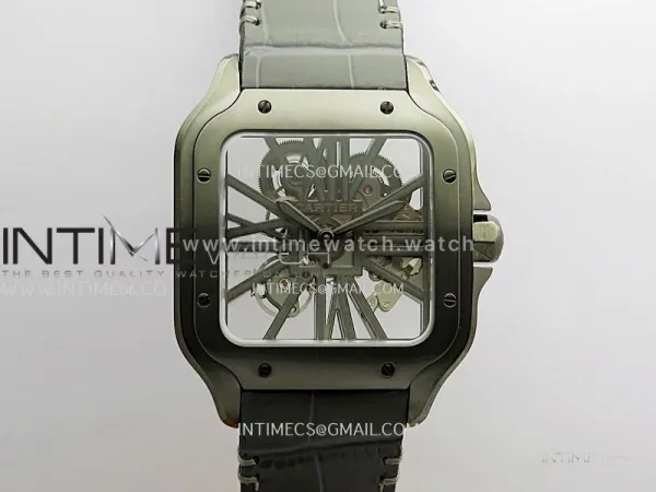 Santos Skeleton PVD RICH Factory 1:1 Best Edition Skeleton black Dial On Black Leather Strap 9612MC Super Clone