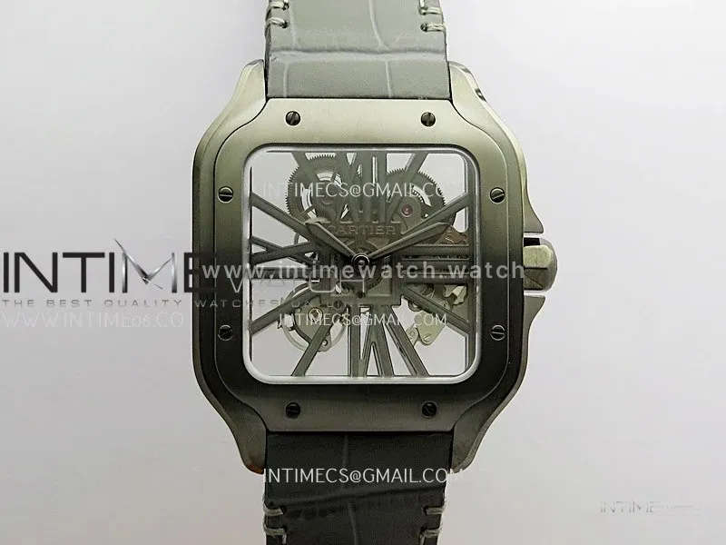 Santos Skeleton PVD RICH Factory 1:1 Best Edition Skeleton black Dial On Black Leather Strap 9612MC Super Clone