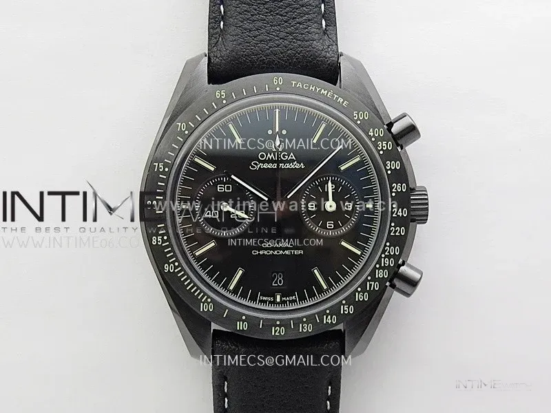Speedmaster "Dark Side of The Moon" Real Ceramic N1F 1:1 Best Edition Black Dial on Black Leather Strap A9300