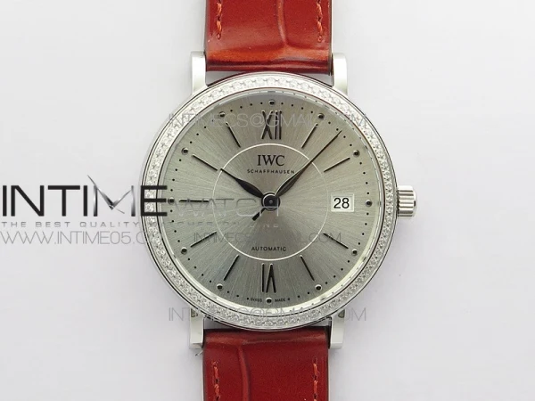 Portofino 37mm SS Diamonds Bezel A7F 1:1 Best Edition Silver Dial Black Handset on Red Leather Strap A2892