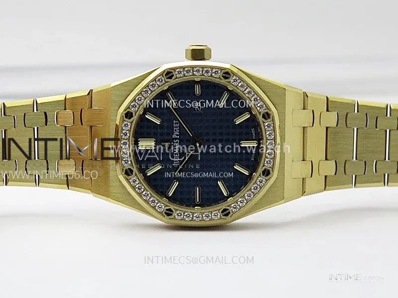 Lady Royal Oak 33mm 67651 Diamonds Bezel YG ZF 1:1 Best Edition Blue Textured Dial on YG Bracelet RONDA Quartz