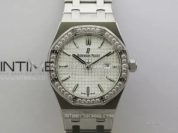 Lady Royal Oak 33mm 67651 SS/Diamond Bezel A7F 1:1 Best Edition White Textured Dial on SS Bracelet Ronda Quartz to AP Cal.2713