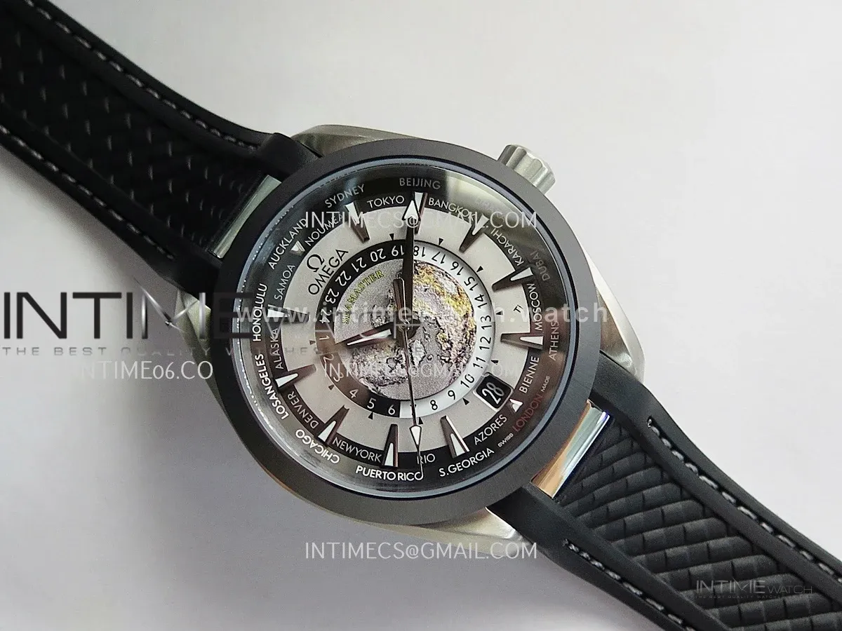 Aqua Terra 150M World Time 24 Hours Ti/Ceramic VRS 1:1 Gray Dial On Black Rubber Strap Super Clone 8938