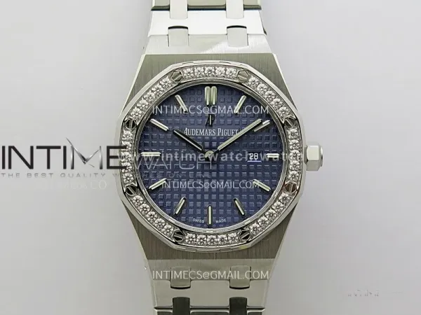 Lady Royal Oak 33mm 67651 SS/Diamond Bezel A7F 1:1 Blue Textured Dial on SS Bracelet Ronda Quartz to AP Cal.2713