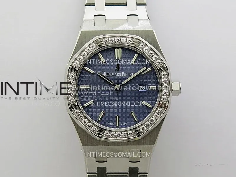 Lady Royal Oak 33mm 67651 SS/Diamond Bezel A7F 1:1 Blue Textured Dial on SS Bracelet Ronda Quartz to AP Cal.2713