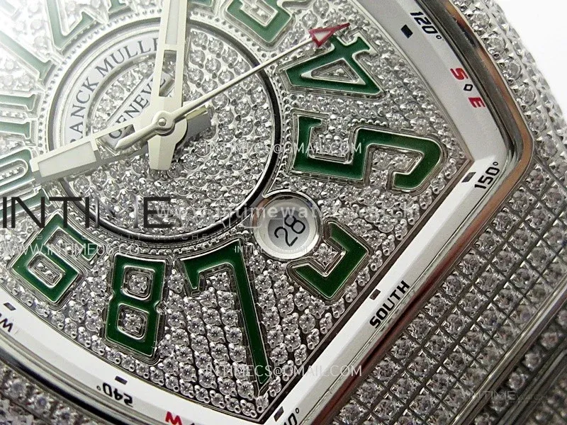 Vanguard V45 Full Diamonds ABF Best Edition Full Paved Diamonds Dial Green Markers On Full Paved Diamonds Bracelet A2824