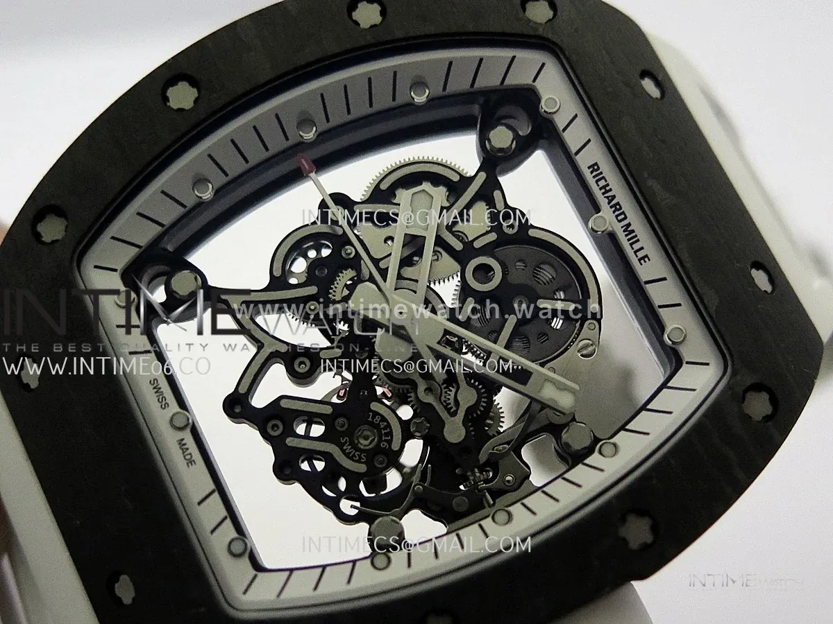 RM055 Black NTPT White Inner Bezel GTF Best Skeleton Dial White Rubber Strap RMUL2 Super Clone (Free Sprung)