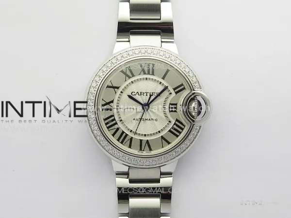 Ballon Bleu 33mm Diamonds Bezel SS 3KF 1:1 Best Edition White Textured Dial on SS Bracelet A076