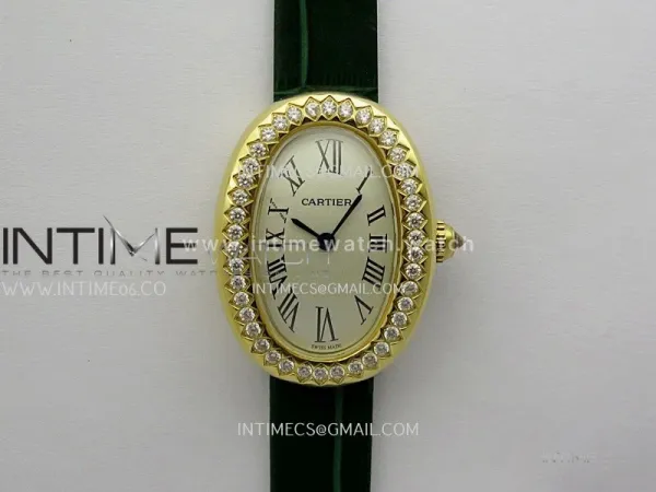 Baignoire Watch Diamond Bezel YG AF 1:1 Best Edition Silver Dial On Green Leather Strap RONDA Quartz