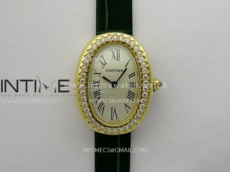 Baignoire Watch Diamond Bezel YG AF 1:1 Best Edition Silver Dial On Green Leather Strap RONDA Quartz