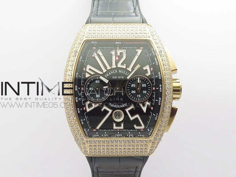 Vanguard V45 Chrono RG pave crystals ABF Best Edition Black Dial on Black Gummy Strap A7750